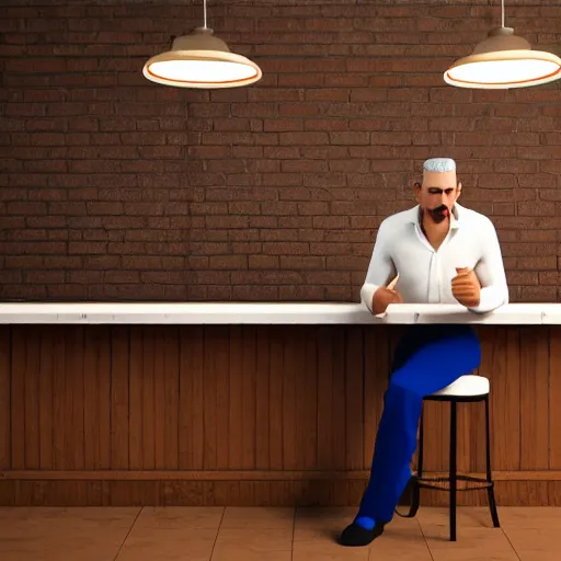 Image similar to a man sitting in a bar about to make a fundamental decision for his life, he is uncertain, but he knows he would rather have remorse than regret, 3d render