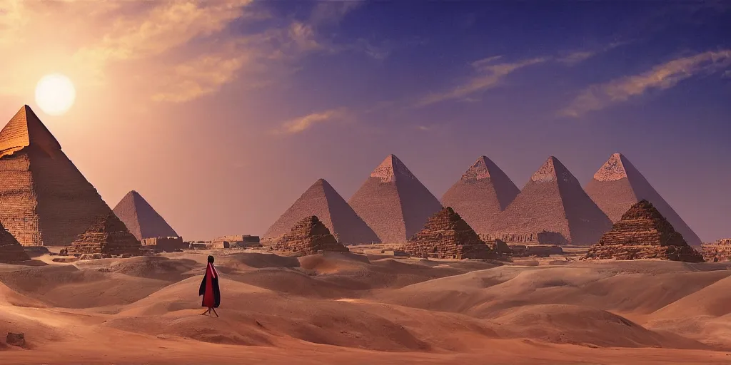 Image similar to egyptian landscape with pyramids by makoto shinkai