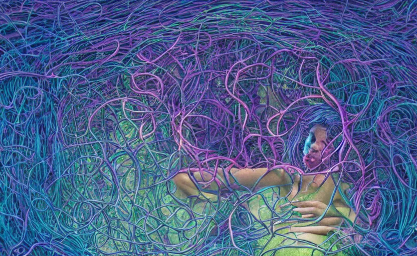 Image similar to a person trapped in the fetal position inside of extremely thick iridescent vines intertwined, central circular composition, high saturation, epic lighting, in the style of Peter gric and Amanda Sage 8k