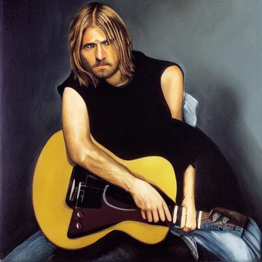 Image similar to Kurt Cobain playing guitar by Mario Testino, oil painting by by Caravaggio