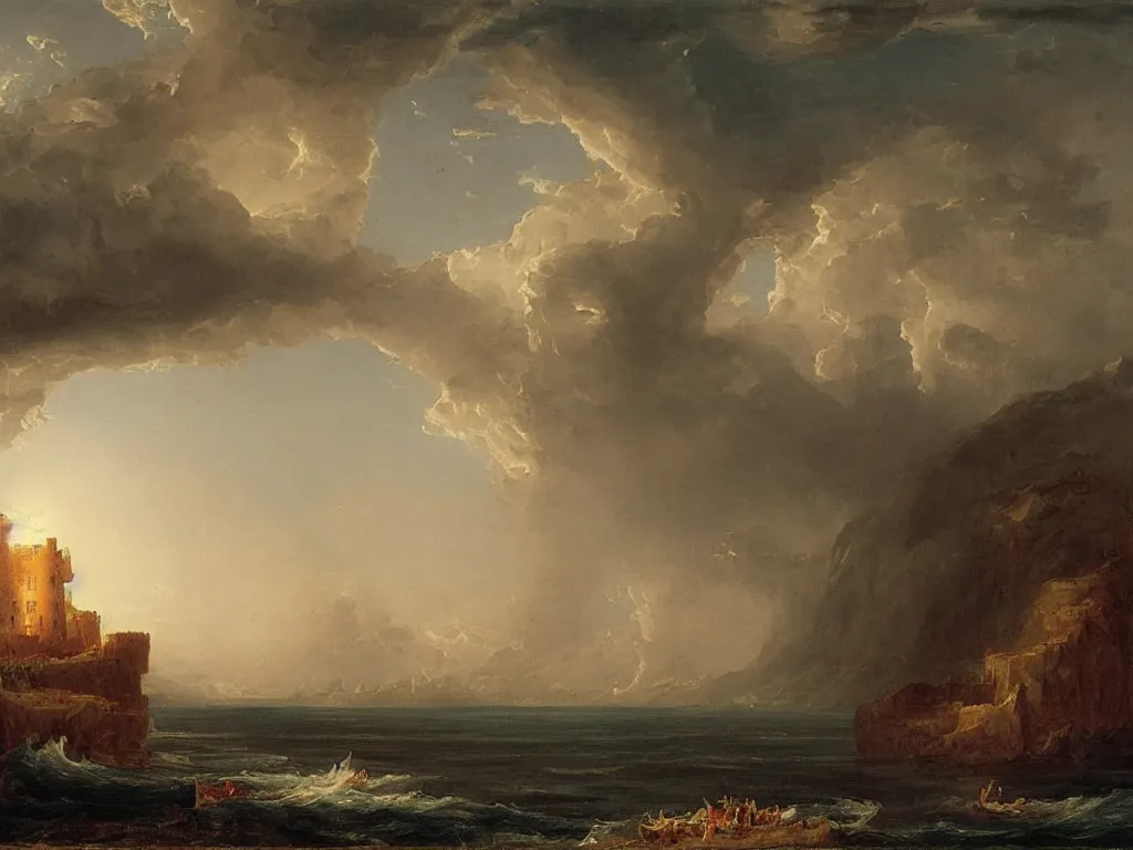 Image similar to a landscape painting of a castle on the ship, by Thomas Cole