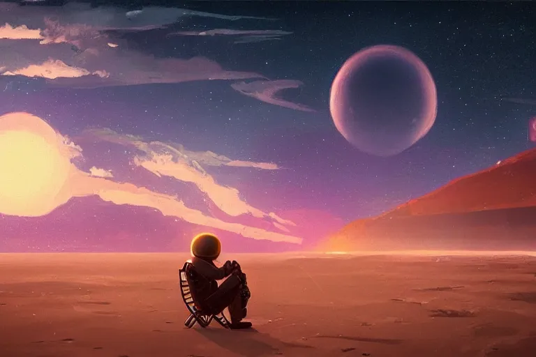 Image similar to astronaut sitting at the beach of an alien planet watching the sunset, surreal photography, dark night, stars, moon light, impressionist painting, clouds, digital painting, artstation, simon stalenhag