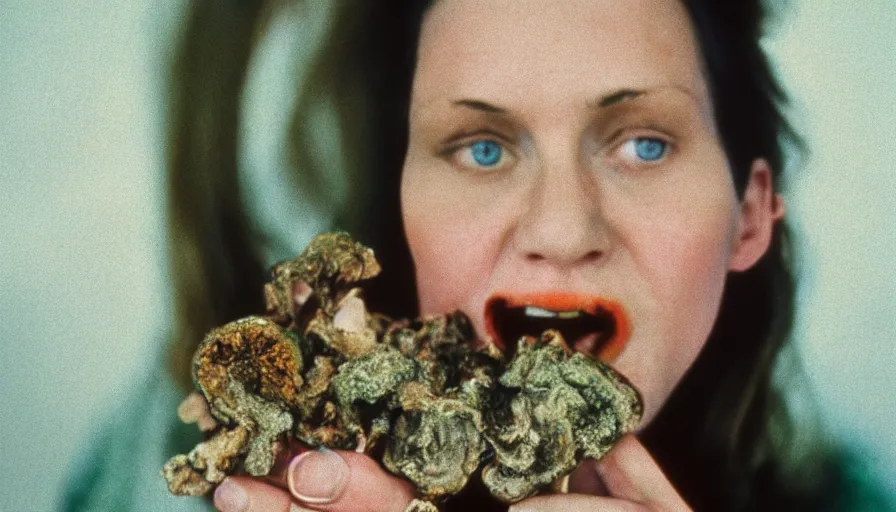 Image similar to 7 0 s movie still portrait of a woman with fungus in the mouth, cinestill 8 0 0 t 3 5 mm technicolor, heavy grain, high quality, high detail