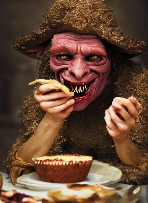 Image similar to closeup portrait of a medieval goblin eating cakes, depth of field, zeiss lens, detailed, symmetrical, centered, fashion photoshoot, by Annie Leibovitz and Steve McCurry, David Lazar, Jimmy Nelsson, Breathtaking, 8k resolution, extremely detailed, beautiful, establishing shot, artistic, hyperrealistic, beautiful face, octane render