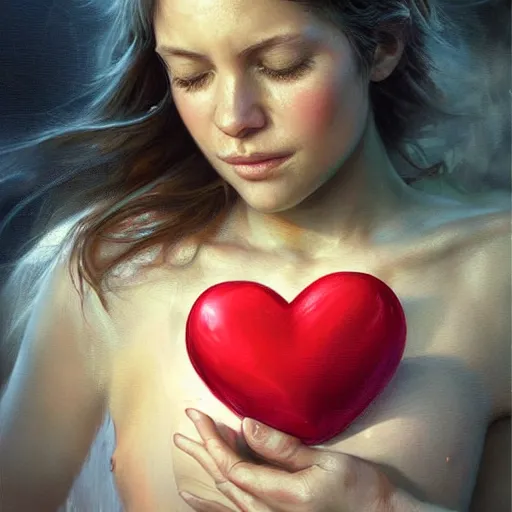 Image similar to epic masterpiece of cinematographic hyperrealism where a heart of love appears inside the heart there is a mother hugging her son. realistic shaded lighting poster by craig mallismo, artgerm, jeremy lipkin and michael garmash, unreal engine, radiant light, detailed and intricate environment, digital art, art station trends