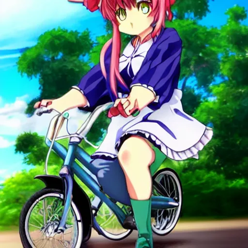 Prompt: touhou character ride the bike, anime style