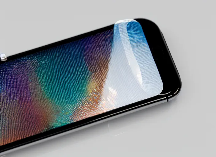 Image similar to product still of the new iphone 2 0 with a folding transparent holographic display in 2 0 2 9, 4 k, 8 5 mm f 1. 8