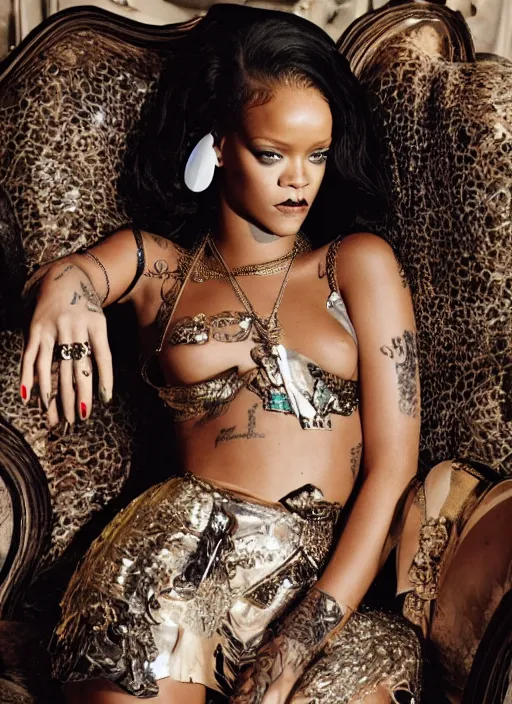 Image similar to rihanna styled by nick knight posing in an expensive mansion setting, vogue magazine, highly realistic. high resolution. highly detailed. dramatic. 8 k. 4 k.