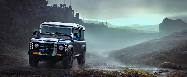 Image similar to Land Rover Defender 110 (1985), an epic fantasy, dramatic lighting, cinematic, establishing shot, extremely high detail, photorealistic, cinematic lighting, artstation, by simon stalenhag, The Elder Scrolls IV: Oblivion (PC), in the Imperial City