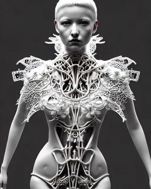 Image similar to bw 3 d render, stunning beautiful young angelic cute biomechanical albino female cyborg with a porcelain profile face, rim light, big leaves and stems, roots, fine foliage lace, alexander mcqueen, art nouveau fashion embroidered collar, steampunk, silver filigree details, hexagonal mesh wire, mandelbrot fractal, elegant, artstation trending