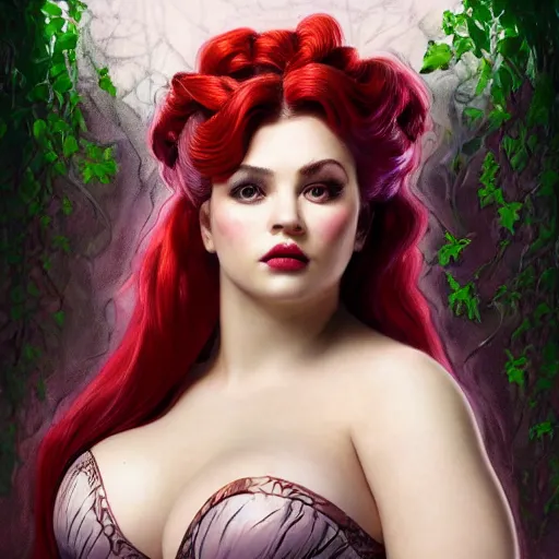 Prompt: a stunning 3 d portrait of a thicc and voluptuous ariel dressed as a beautiful poison ivy with hair tied in a braid, dark eyeliner, intricate, elegant, highly detailed, digital painting, artstation, concept art, sharp focus, octane render, art by artgem and jugendstil and greg rutkowski and alphonse mucha, pixv