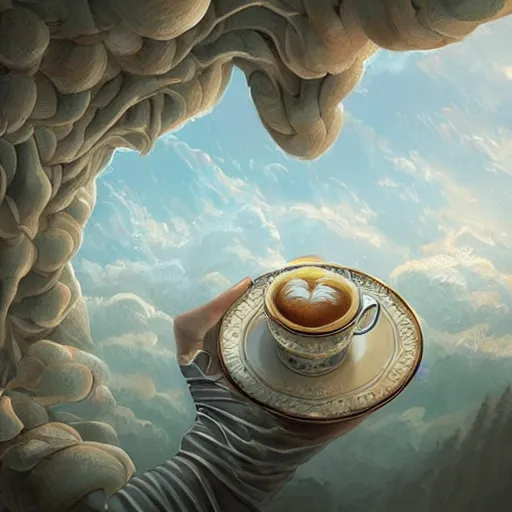 Image similar to cafe in the clouds, intricate, elegant, highly detailed, digital painting, artstation, concept art, smooth, sharp focus, art by bouguerea