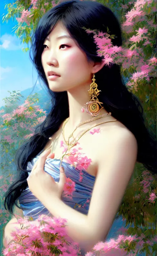 Image similar to a beautiful young charming asian goddess with sundress and jewelry | | winter, realistic shaded, unpleasant face, good looking, fine details, dior, lv, realistic shaded lighting poster by greg rutkowski, macoto takahashi, magali villeneuve, artgerm, jeremy lipkin and michael garmash