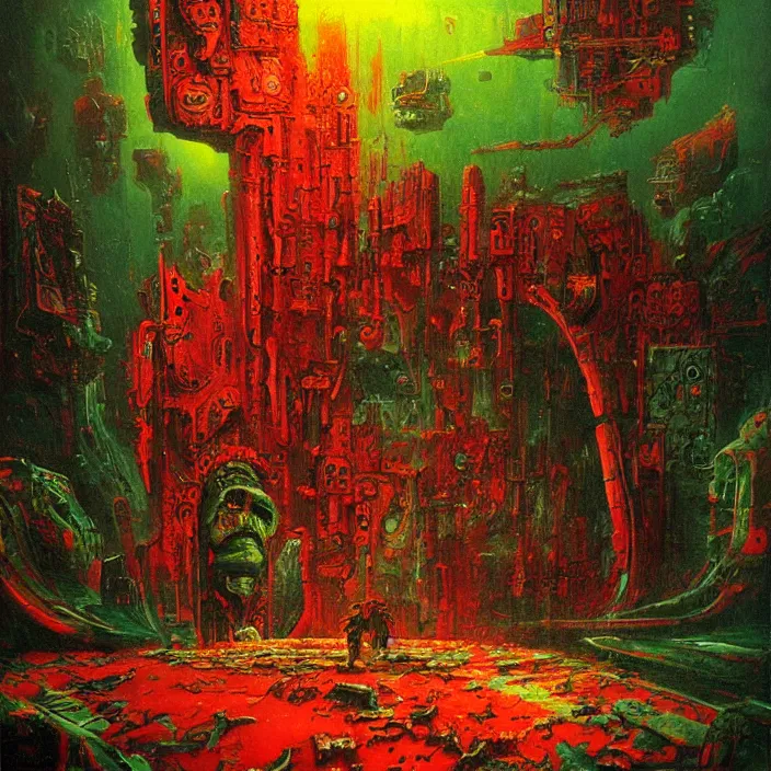 Prompt: gargantuan disappointment of flaky souls, red and green palette, by ( h. r. giger ) and paul lehr