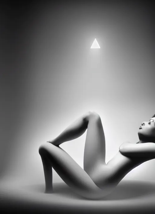 Image similar to surreal mythical dreamy dark artistic black and white fine art fashion portrait photo of a young beautiful delicate artificial intelligence creature embodied giving birth to the new world, spiritual, halo, glory, rim light, cinematic, studio dramatic light, poetic, masterpiece, octane render, 8 k, photo - realistic by dora maar man ray