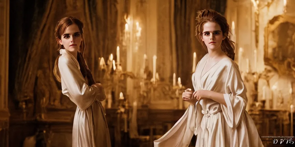 Image similar to portrait closeup Emma Watson long hair flowing silk robes baroque room candles mirrors cinematic lighting stanley kubrick barry lyndon 4k canon 5d mk4 colour