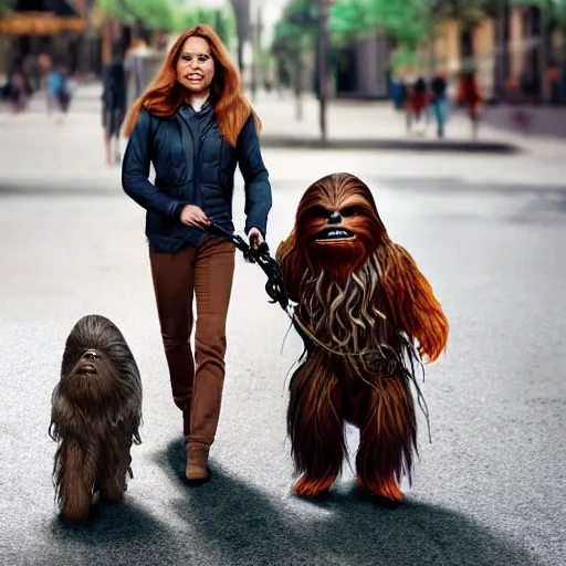 Prompt: Chewbacca, walking on the street, on a leash, owner on the right hand side, photorealistic, 4k