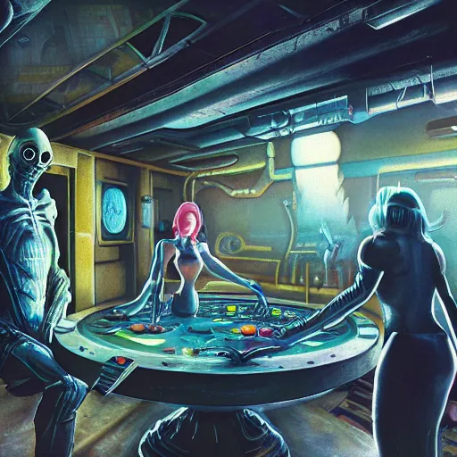 Image similar to attractive alien fan dancer on tabletop, inside used future tavern, pool table, jim henson creature shop, robots humans and extraterrestrials, inside a crowded space station, 1 9 8 0 s science fiction, 1 9 7 0 s science fiction, alien 1 9 7 9, cyberpunk, 3 d oil painting, depth perception, 4 k, artstation