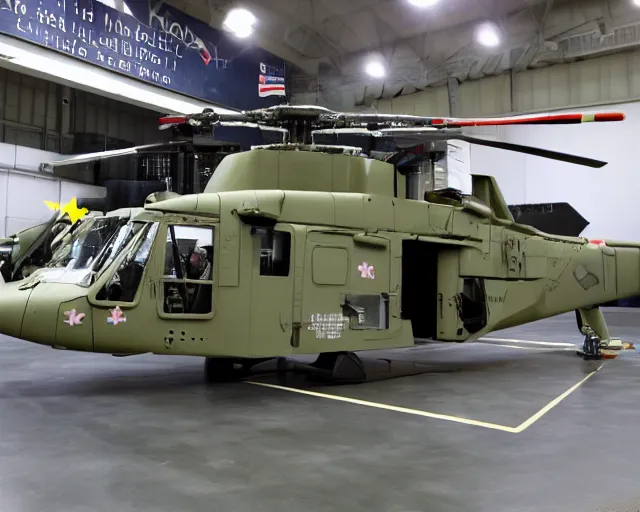 Prompt: the us military's next mega-chopper with hello kitty paint scheme, cdx
