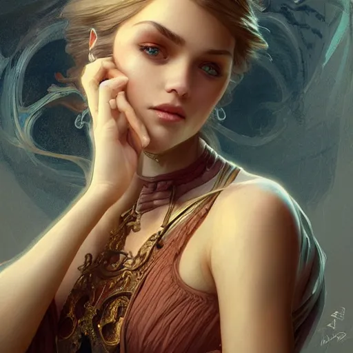 Prompt: beautiful young oliva newtonjohn, closeup, d & d, fantasy, intricate, elegant, highly detailed, digital painting, artstation, concept art, matte, sharp focus, illustration, art by artgerm and greg rutkowski and alphonse mucha