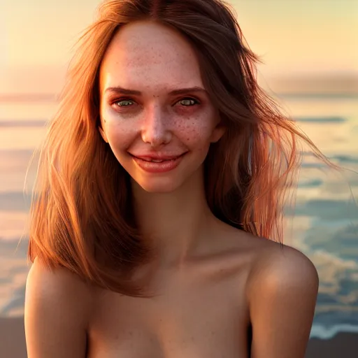 Image similar to portrait of a cute thin young woman, red blush, light freckles, smug smile, modern clothes, relaxing on the beach, golden hour, close up shot, 8 k, art by irakli nadar, hyperrealism, hyperdetailed, ultra realistic