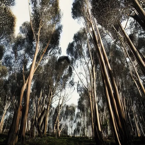 Image similar to long exposure photograph of eucalyptus trees, strong wind, back light, dslr, photographed by uta barth