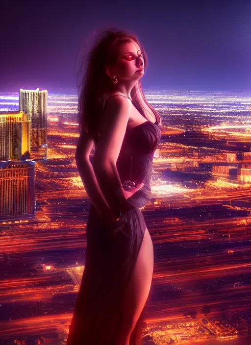 Image similar to full body portrait, duchess of blood, night shot of las vegas in background, highly detailed, CGsociety, subtle, concept art, HDR, hyper realistic, volumetric lighting, subsurface scattering, unreal