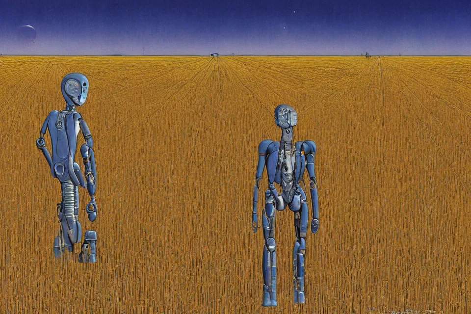 Prompt: sci-fi painting of a large alien city on the vast wheat fields, the closed back view of only one humanoid robot on the ground, by Moebius, godrays, detailed