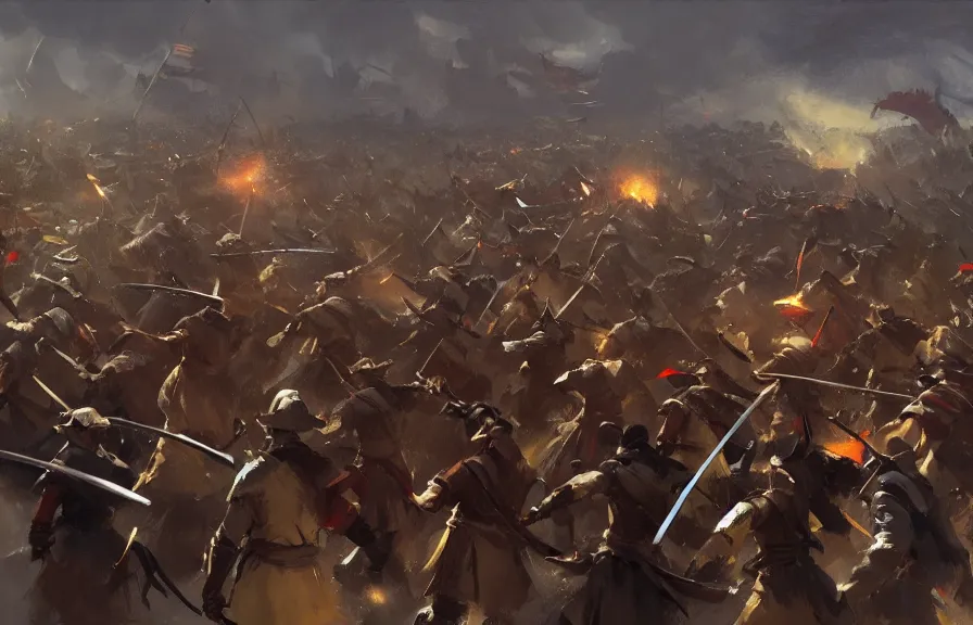 Image similar to greg manchess concept art of a samurai battle, crowd of soldiers, cinematic, key visual, ambient lighting, highly detailed, digital painting, artstation, concept art, sharp focus, by makoto shinkai and akihiko yoshida and hidari and wlop and greg rutkowski