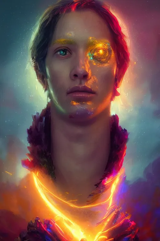 Image similar to a fancy portrait of golden celestial child in a colourful portal by greg rutkowski, sung choi, mitchell mohrhauser, maciej kuciara, johnson ting, maxim verehin, peter konig, bloodborne, 8 k photorealistic, cinematic lighting, hd, high details, dramatic, dark atmosphere, trending on artstation