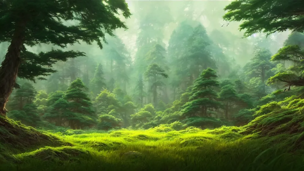 Image similar to forest clearing landscape, studio ghibli, pixar and disney animation, sharp, rendered in unreal engine 5, highly detailed, digital painting, artstation, concept art, smooth, sharp focus, illustration, wide angle, artbook, wallpaper, splash art, promo art, dramatic lighting, art by artgerm and greg rutkowski and bo chen and jin xiaodi