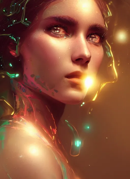 Image similar to glowwave girl portrait, hyper detailed, 3 / 4 shot, digital art, trending in artstation, cinematic lighting, studio quality, smooth render, unreal engine 5 rendered, octane rendered, art style by klimt and nixeu and ian sprigger and wlop and krenz cushart, none crop, full face