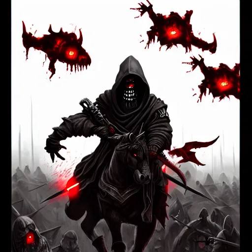 Image similar to a dark hooded general with glowing red eyes rides his horse above an army of zombies and ghouls, dark, D&D, Fantasy, MTG, heroic, Artstation, silhouette