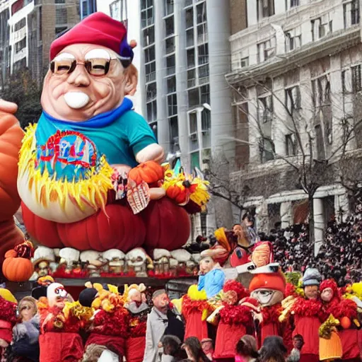 Prompt: pictures of Danny Devito as a Macy's Thanksgiving Day parade float