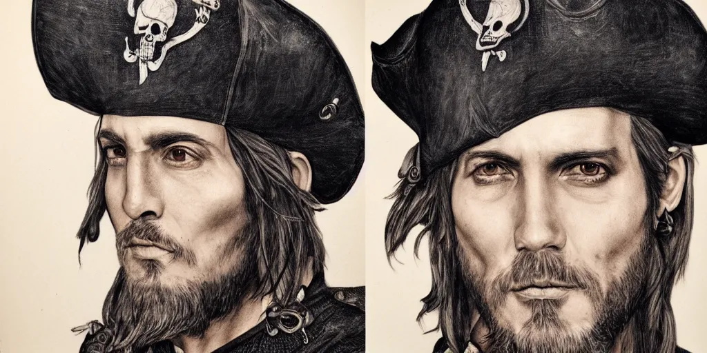 Image similar to realistic portrait of a handsome pirate with black hair, 1450, ink, ultra realistic, 8k