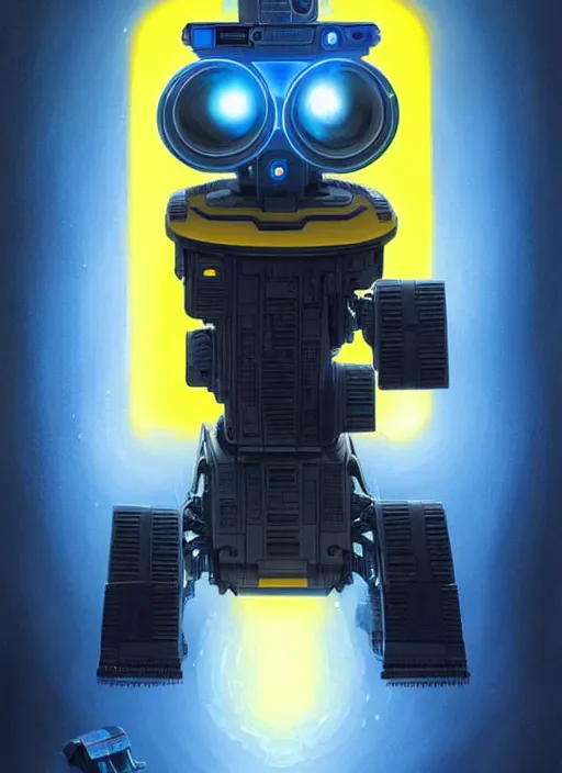 Image similar to symmetry!! portrait of wall - e, sci - fi, tech wear, blue and yellow glowing lights!! intricate, elegant, highly detailed, digital painting, artstation, concept art, smooth, sharp focus, illustration, art by artgerm and greg rutkowski and alphonse mucha