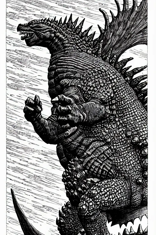 Image similar to godzilla as a d & d monster, full body, pen - and - ink illustration, etching, by russ nicholson, david a trampier, larry elmore, 1 9 8 1, hq scan, intricate details, inside stylized border