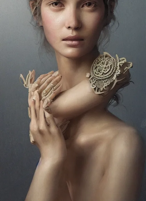 Image similar to sculpture made of wood, portrait, female, future, harper's bazaar, vogue, magazine, intricate, concept art, close up, ornate, luxury, elite, elegant, trending on artstation, by ruan jia, by Kenneth Willardt, by ross tran, by WLOP, by Andrei Riabovitchev,