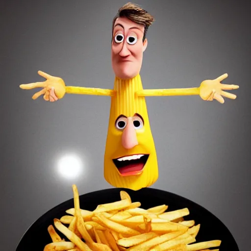 Image similar to photo of [ a single french fry chip ] shaped into stephen fry as a pixar character hybrid intercross mix cinematic lighting