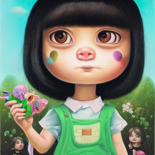 Image similar to portrait of real girl dora the explorer standing sulking,painted by and mark ryden and hikari shimoda, lowbrow pop surrealism