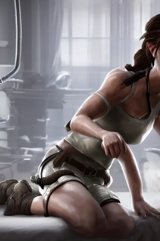 Prompt: lara croft, wearing a nurse outfit, laying on a hospital bed, real photo, hospital interior, intricate, soft lighting, cinematic composition, hyper realistic, 8k resolution, unreal engine 5