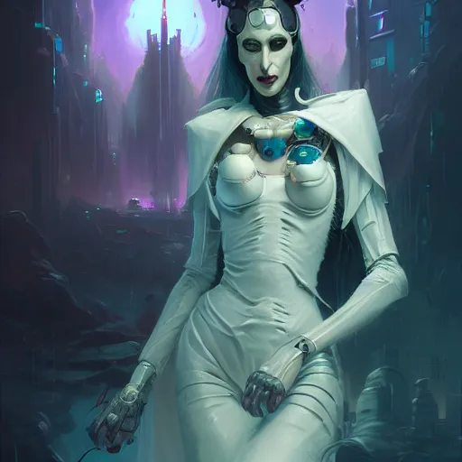 Image similar to a portrait of a cybernetic bride of dracula, cyberpunk concept art by pete mohrbacher and wlop and artgerm and josan gonzalez and syd mead, digital art, highly detailed, intricate, sci - fi, sharp focus, trending on artstation hq, deviantart, unreal engine 5, 4 k uhd image