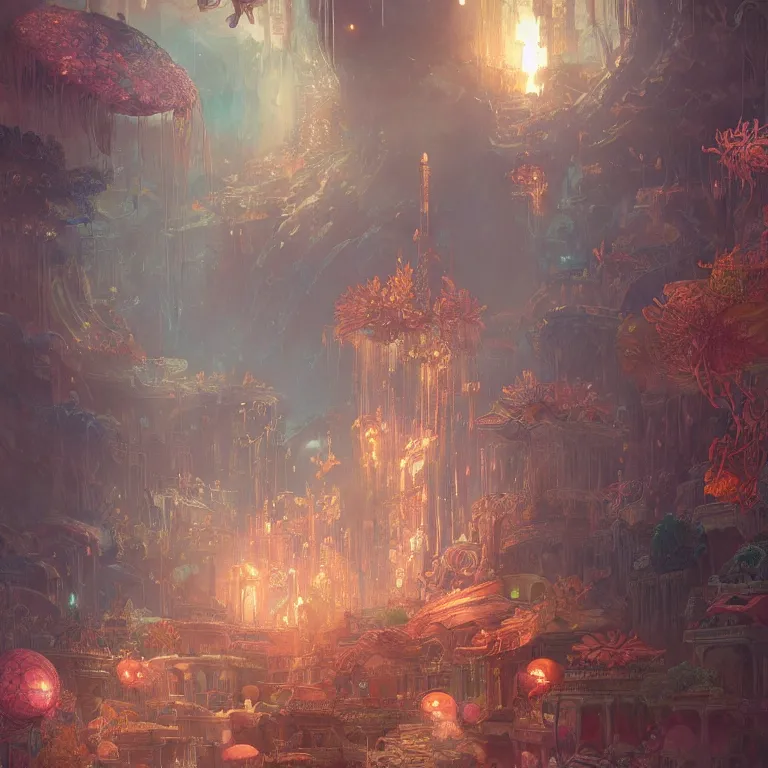 Prompt: a beautiful painting of the city of atlantis, with glowing lights, corals and jellyfish, intricate, elegant, highly detailed, digital painting, artstation, concept art, by krenz cushart and artem demura and alphonse mucha