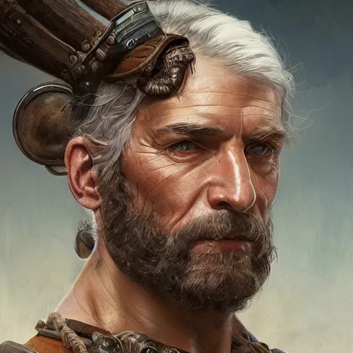 Prompt: portrait of a rugged ranger, handsome, muscular, 76 years old, D&D, fantasy, intricate, elegant, highly detailed, digital painting, artstation, concept art, matte, sharp focus, illustration, art by Artgerm and Greg Rutkowski and Alphonse Mucha