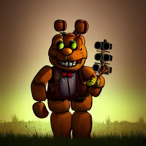 Prompt: /generate a photo of springtrap Freddy Fazbear by Simon Stalenhag, studio photography, dark grey background, softly backlit, gentle smoke effect.