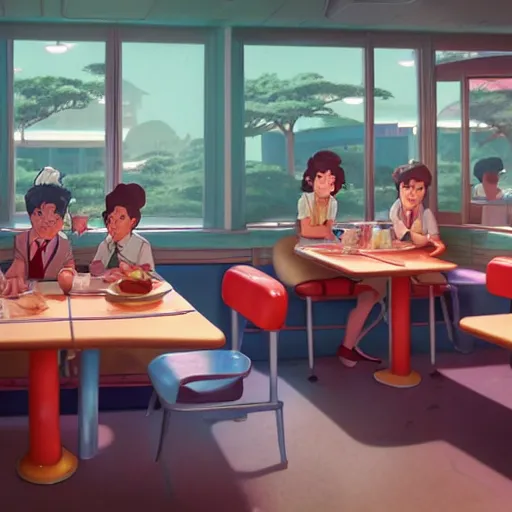 Image similar to a wholesome animation key shot of kids at a 5 0 s diner!!!, medium shot, studio ghibli, pixar and disney animation, sharp, very detailed, high resolution, rendered in unreal engine 5, anime key art by greg rutkowski, bloom, dramatic lighting