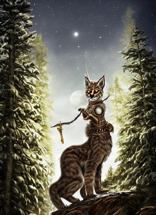 Image similar to anthropomorphic lynx holding a golden intricately decorated shiny scepter, night, spruce trees on the sides, mountains in the background, eerie dark atmosphere, moonlit, back light, in the style of fantasy movie, fantasy art, fantasy matte painting, trending on artstation