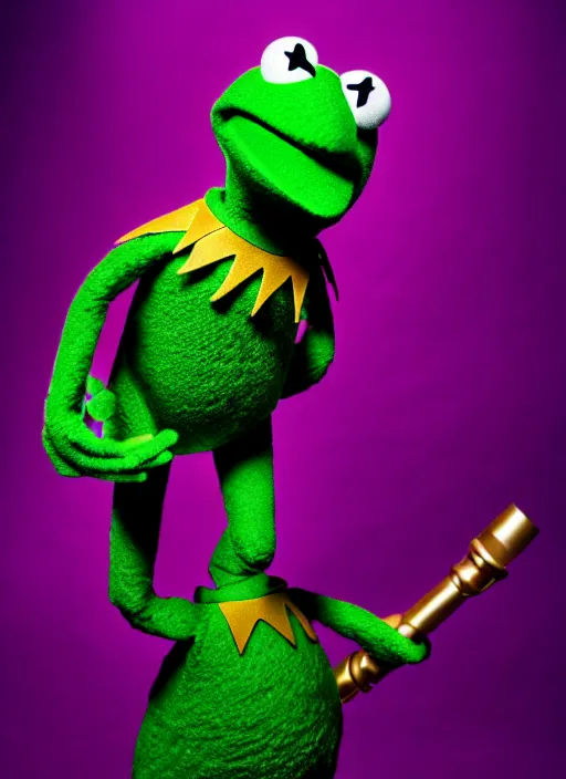 Image similar to studio portrait still of muppet!!!!! loki!!!!!! from avengers infinity war with scepter as a muppet muppet as a muppet, 8 k, studio lighting, key light,