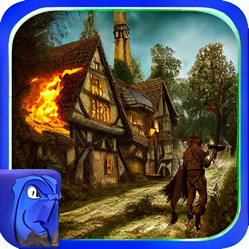 Image similar to hunted medieval town on the edge of dark forest, werewolf attack on villagers, hd, street view