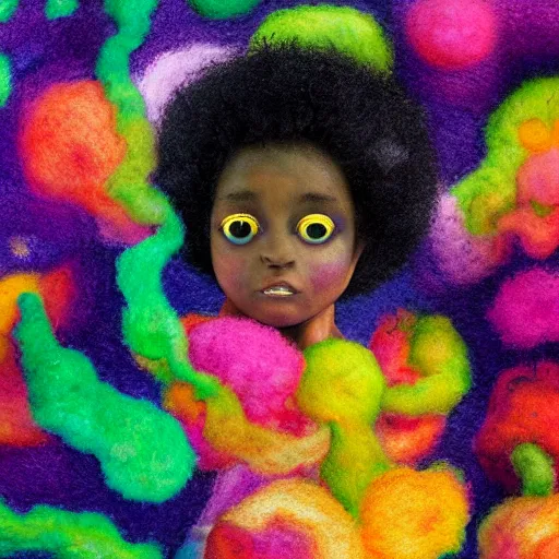 Prompt: a black girl with a colorful afro and big colorful eyes playing in the rain, bright colours, bokeh!! watercolor, volumetric wool felting, macro photography, children illustration, by goro fujita